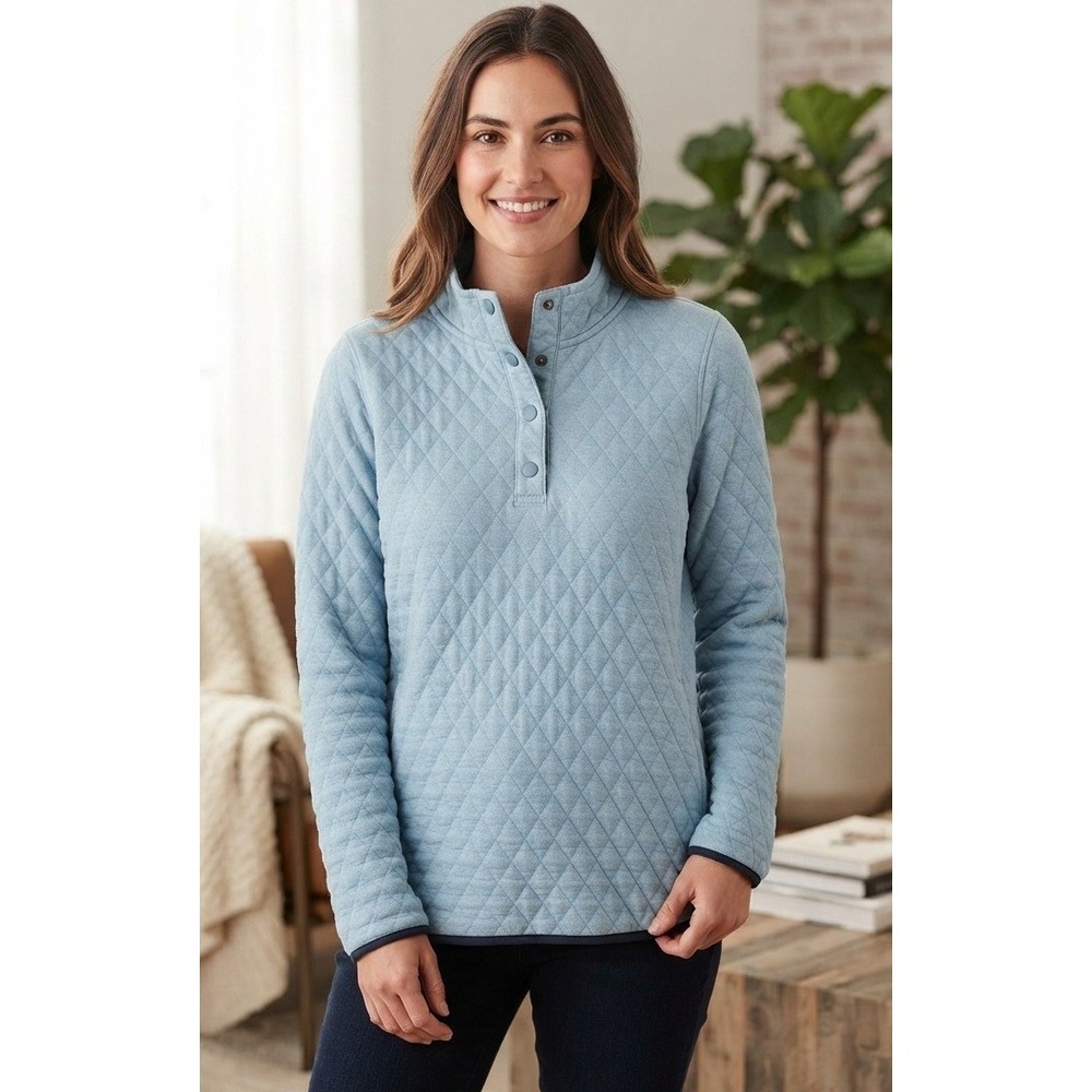 Orvis Quilted Pullover Sweater Quilted Snap Neck Women's M Blue Cotton Mock Neck